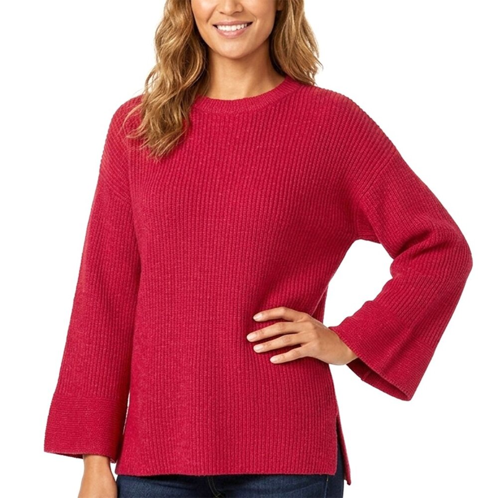 Eileen Fisher Red Chenille Organic Cotton Bell Sleeve Knit Sweater Pullover NWT